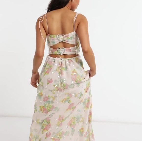 FOR LOVE AND LEMONS LOUISA DOUBLE TIE FRONT FLORAL SEQUIN MAXI DRESS SIZE LARGE - Picture 5 of 16